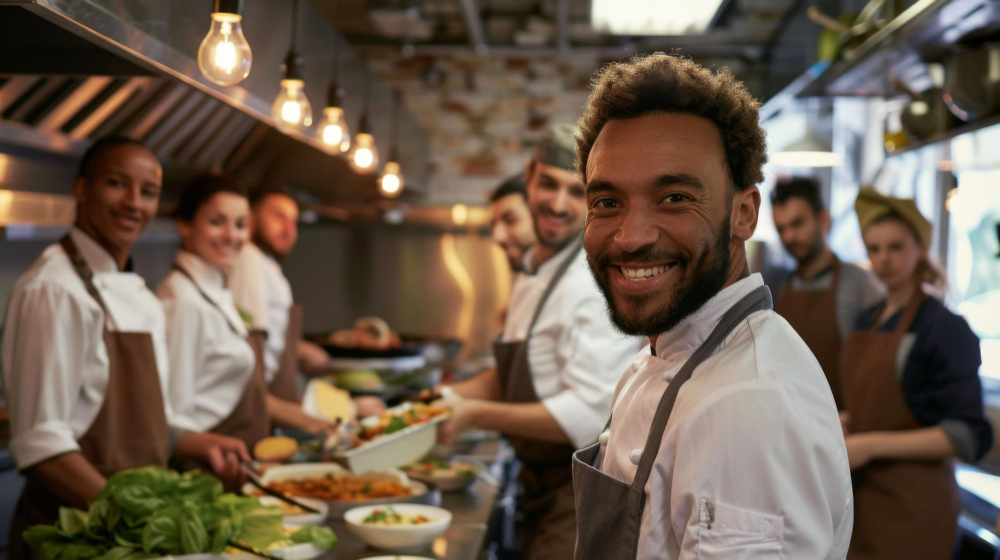 Diverse Team working in a kitchen, with a man smiling at the camera